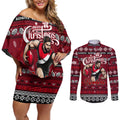 Personalized Bombers Rugby Xmas Couples Matching Off Shoulder Short Dress and Long Sleeve Button Shirt Australia AFL Mascot