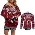 Personalized Bombers Rugby Xmas Couples Matching Off Shoulder Short Dress and Long Sleeve Button Shirt Australia AFL Mascot
