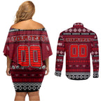 Personalized Bombers Rugby Xmas Couples Matching Off Shoulder Short Dress and Long Sleeve Button Shirt Australia AFL Mascot
