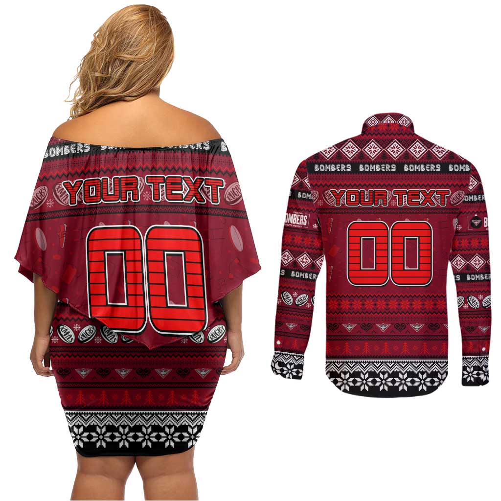 Personalized Bombers Rugby Xmas Couples Matching Off Shoulder Short Dress and Long Sleeve Button Shirt Australia AFL Mascot