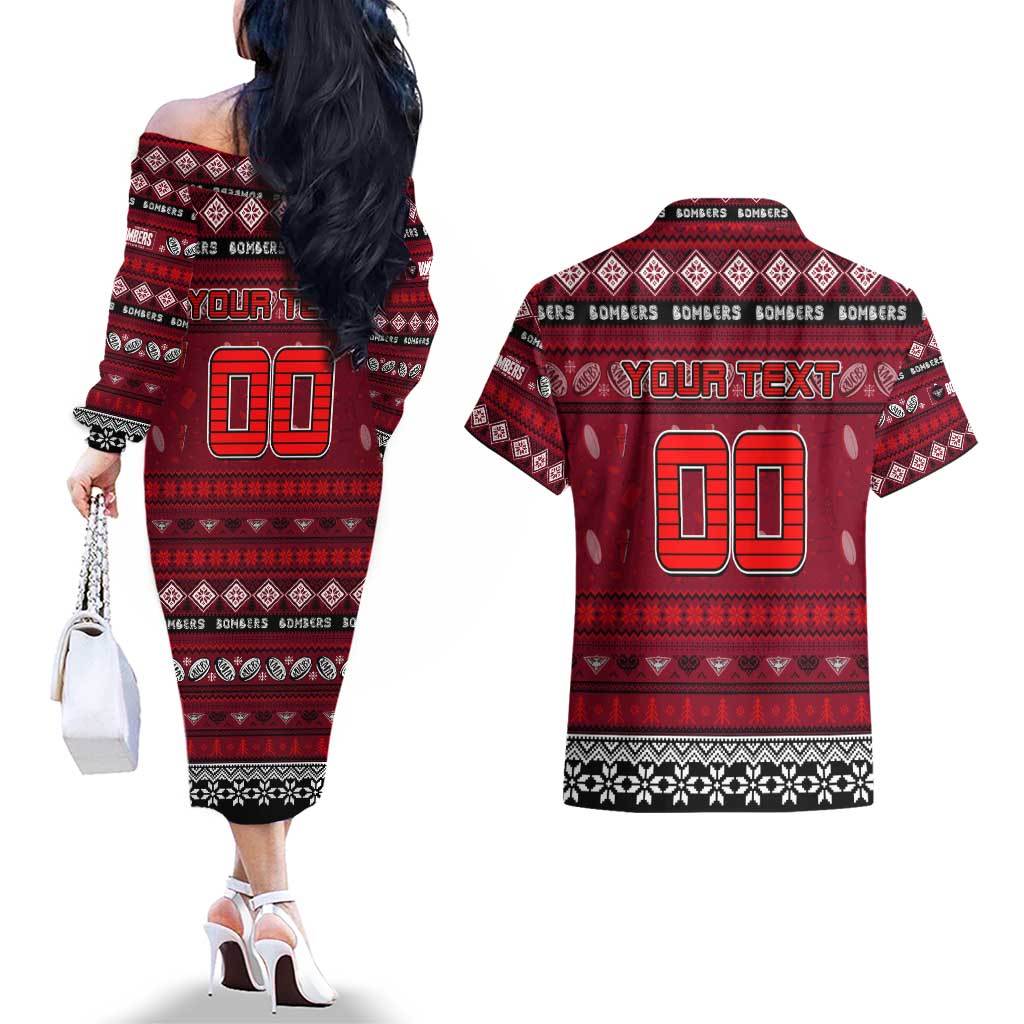 Personalized Bombers Rugby Xmas Couples Matching Off The Shoulder Long Sleeve Dress and Hawaiian Shirt Australia AFL Mascot