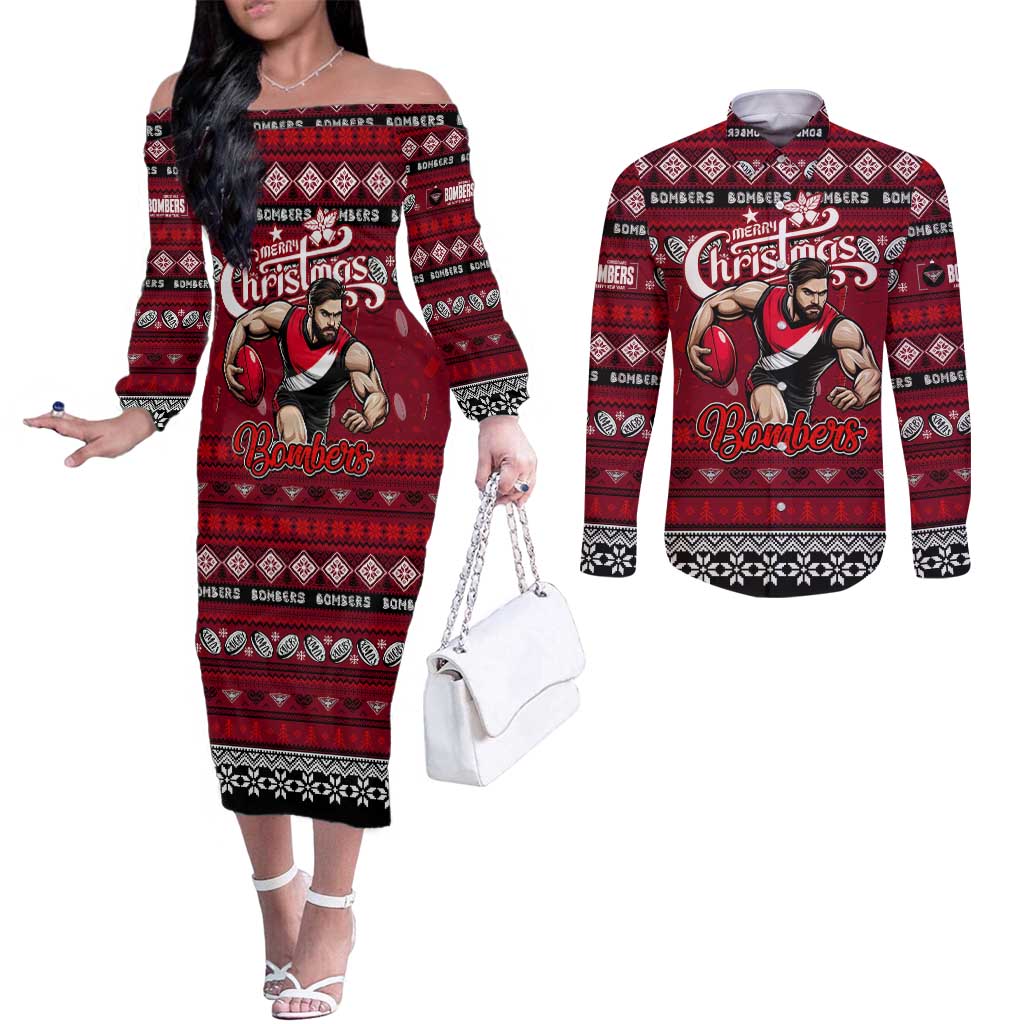 Personalized Bombers Rugby Xmas Couples Matching Off The Shoulder Long Sleeve Dress and Long Sleeve Button Shirt Australia AFL Mascot