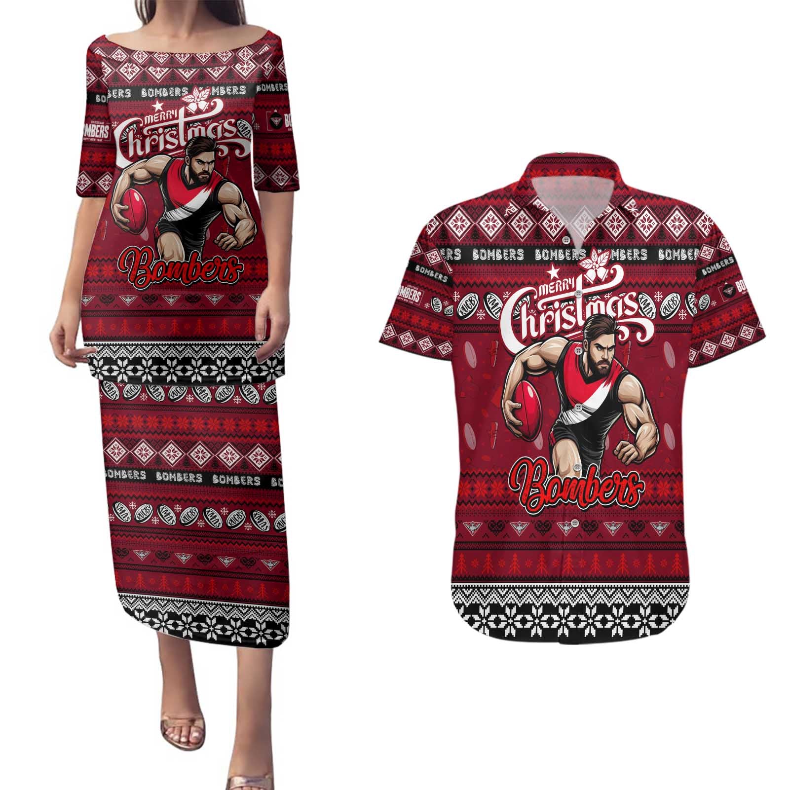 Personalized Bombers Rugby Xmas Couples Matching Puletasi and Hawaiian Shirt Australia AFL Mascot