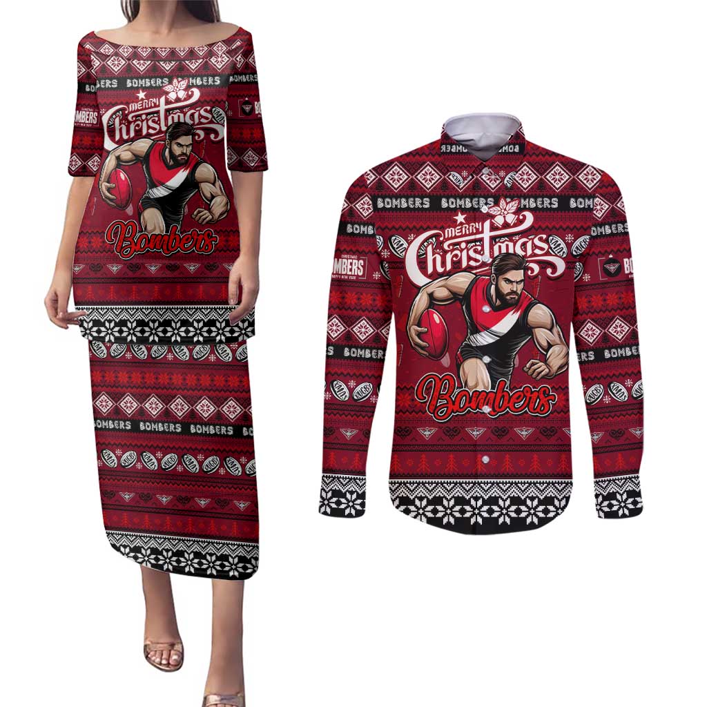 Personalized Bombers Rugby Xmas Couples Matching Puletasi and Long Sleeve Button Shirt Australia AFL Mascot