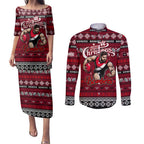 Personalized Bombers Rugby Xmas Couples Matching Puletasi and Long Sleeve Button Shirt Australia AFL Mascot