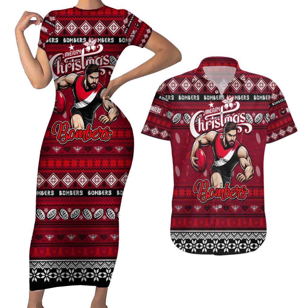 Personalized Bombers Rugby Xmas Couples Matching Short Sleeve Bodycon Dress and Hawaiian Shirt Australia AFL Mascot