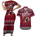Personalized Bombers Rugby Xmas Couples Matching Short Sleeve Bodycon Dress and Hawaiian Shirt Australia AFL Mascot