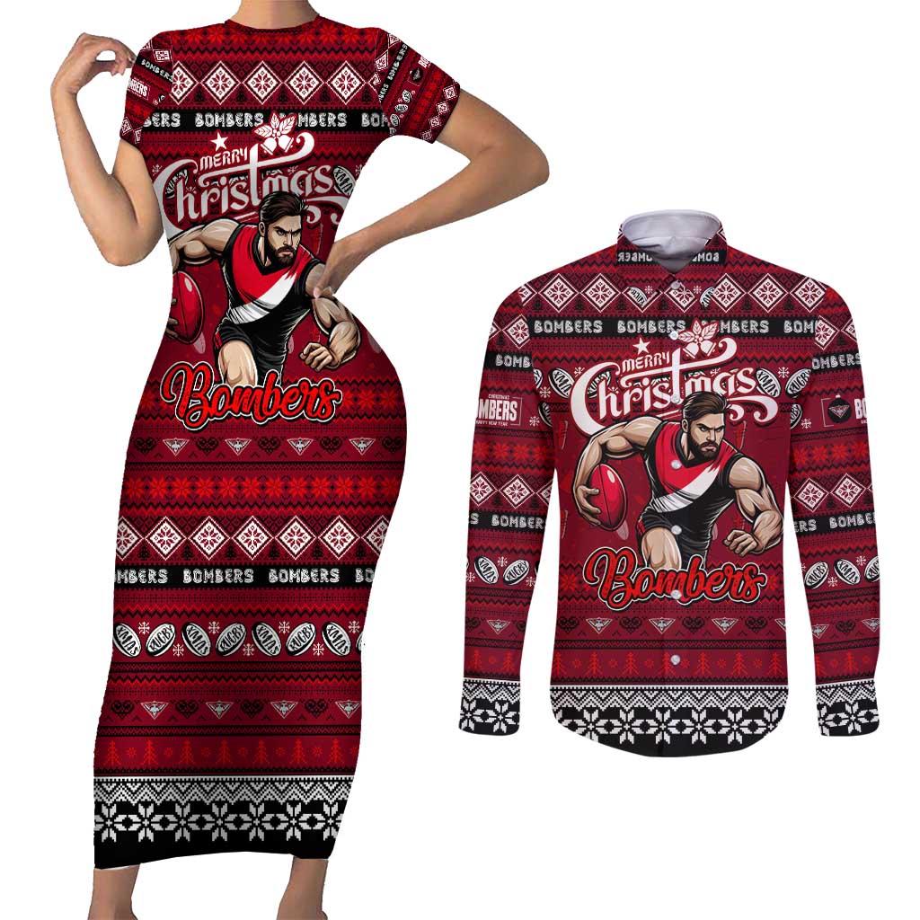 Personalized Bombers Rugby Xmas Couples Matching Short Sleeve Bodycon Dress and Long Sleeve Button Shirt Australia AFL Mascot