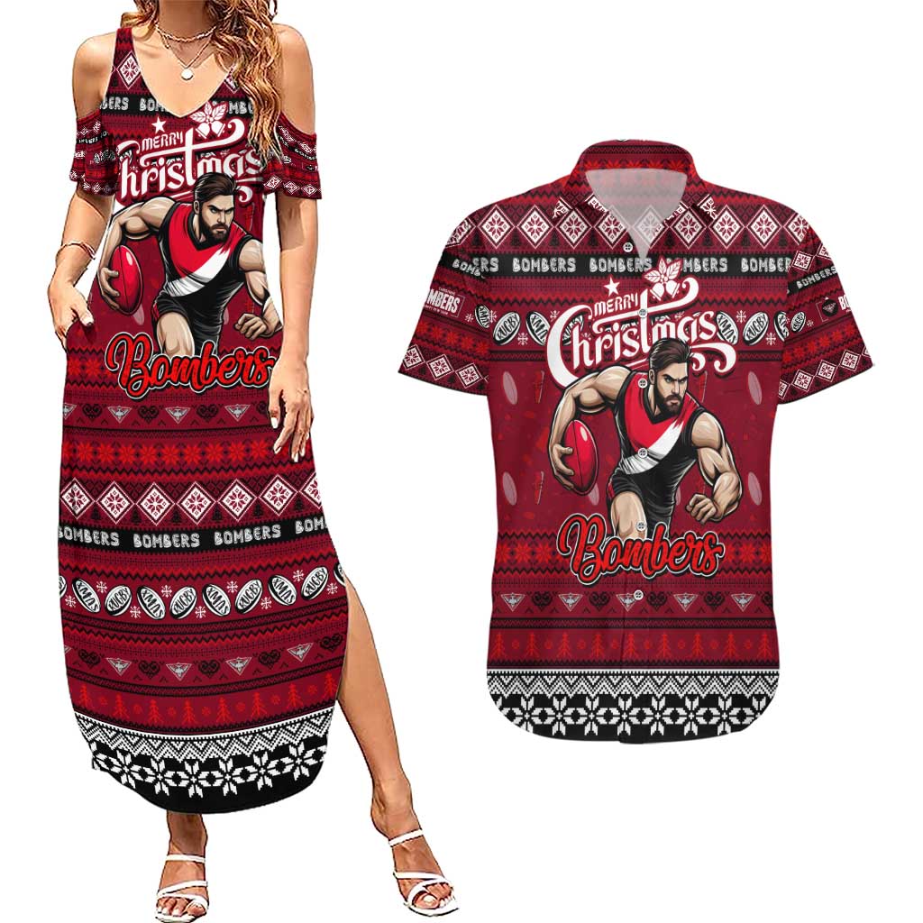 Personalized Bombers Rugby Xmas Couples Matching Summer Maxi Dress and Hawaiian Shirt Australia AFL Mascot