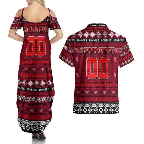 Personalized Bombers Rugby Xmas Couples Matching Summer Maxi Dress and Hawaiian Shirt Australia AFL Mascot