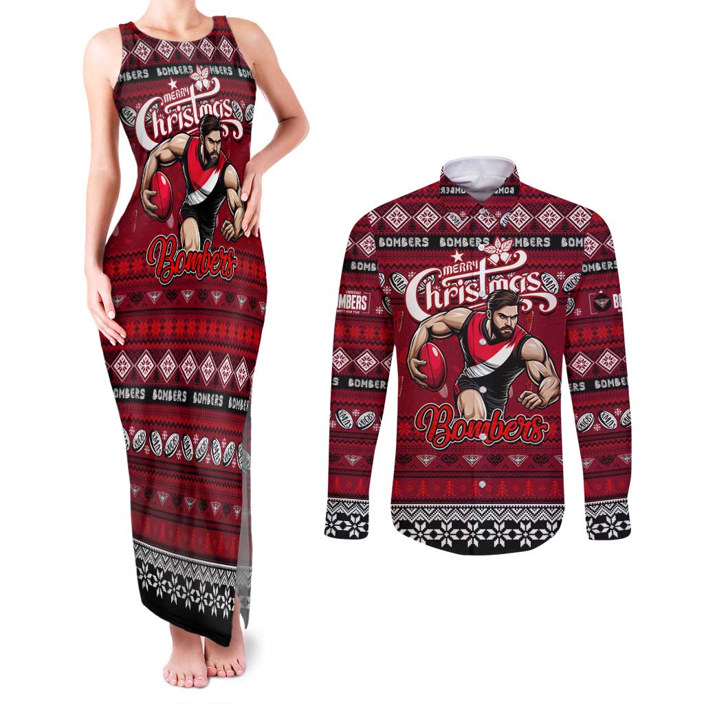 Personalized Bombers Rugby Xmas Couples Matching Tank Maxi Dress and Long Sleeve Button Shirt Australia AFL Mascot