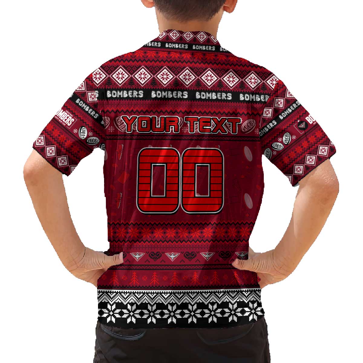 Personalized Bombers Rugby Xmas Family Matching Off The Shoulder Long Sleeve Dress and Hawaiian Shirt Australia AFL Mascot