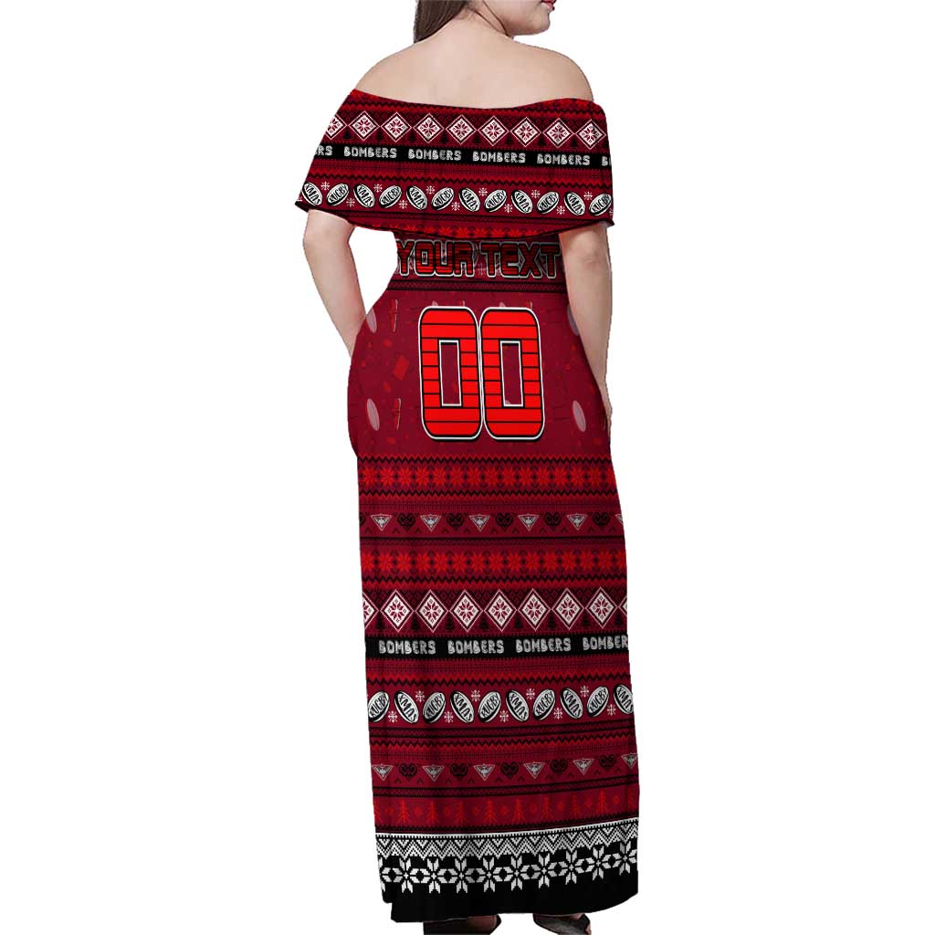 Personalized Bombers Rugby Xmas Family Matching Off Shoulder Maxi Dress and Hawaiian Shirt Australia AFL Mascot