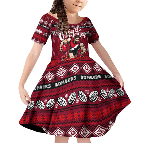 Personalized Bombers Rugby Xmas Family Matching Off Shoulder Short Dress and Hawaiian Shirt Australia AFL Mascot