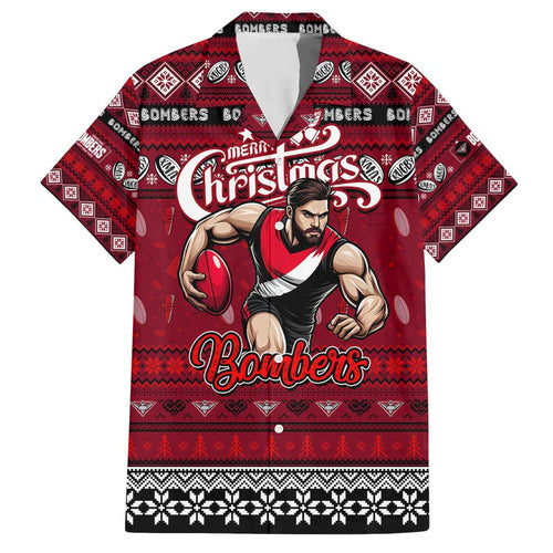 Personalized Bombers Rugby Xmas Family Matching Off Shoulder Short Dress and Hawaiian Shirt Australia AFL Mascot