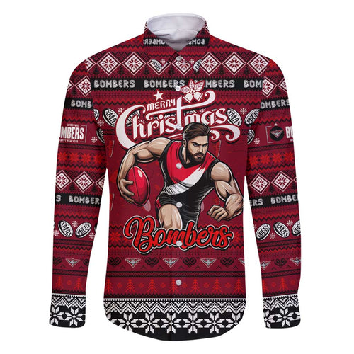 Personalized Bombers Rugby Xmas Family Matching Off Shoulder Short Dress and Hawaiian Shirt Australia AFL Mascot