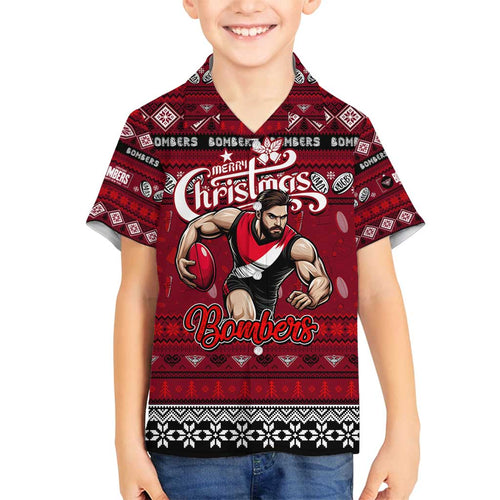 Personalized Bombers Rugby Xmas Family Matching Off Shoulder Short Dress and Hawaiian Shirt Australia AFL Mascot