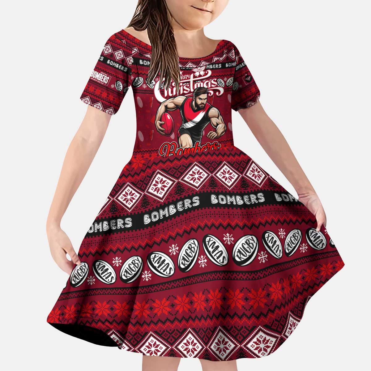 Personalized Bombers Rugby Xmas Kid Short Sleeve Dress Australia AFL Mascot