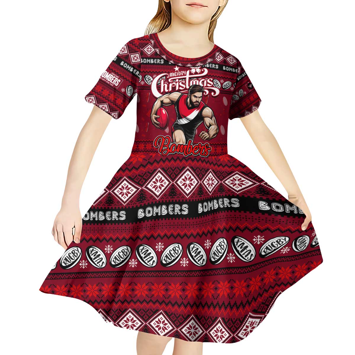Personalized Bombers Rugby Xmas Kid Short Sleeve Dress Australia AFL Mascot