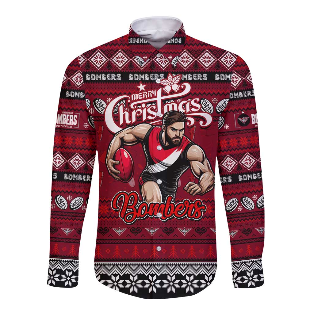 Personalized Bombers Rugby Xmas Long Sleeve Button Shirt Australia AFL Mascot