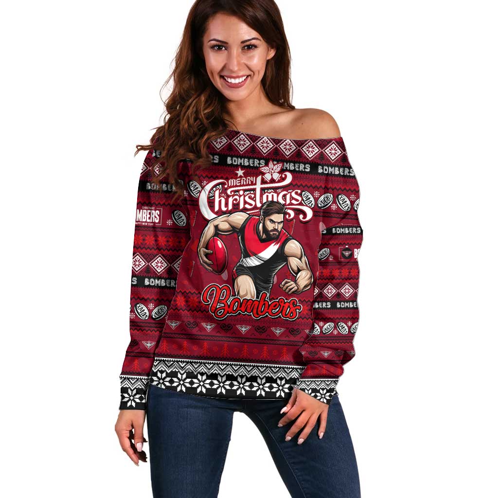 Personalized Bombers Rugby Xmas Off Shoulder Sweater Australia AFL Mascot
