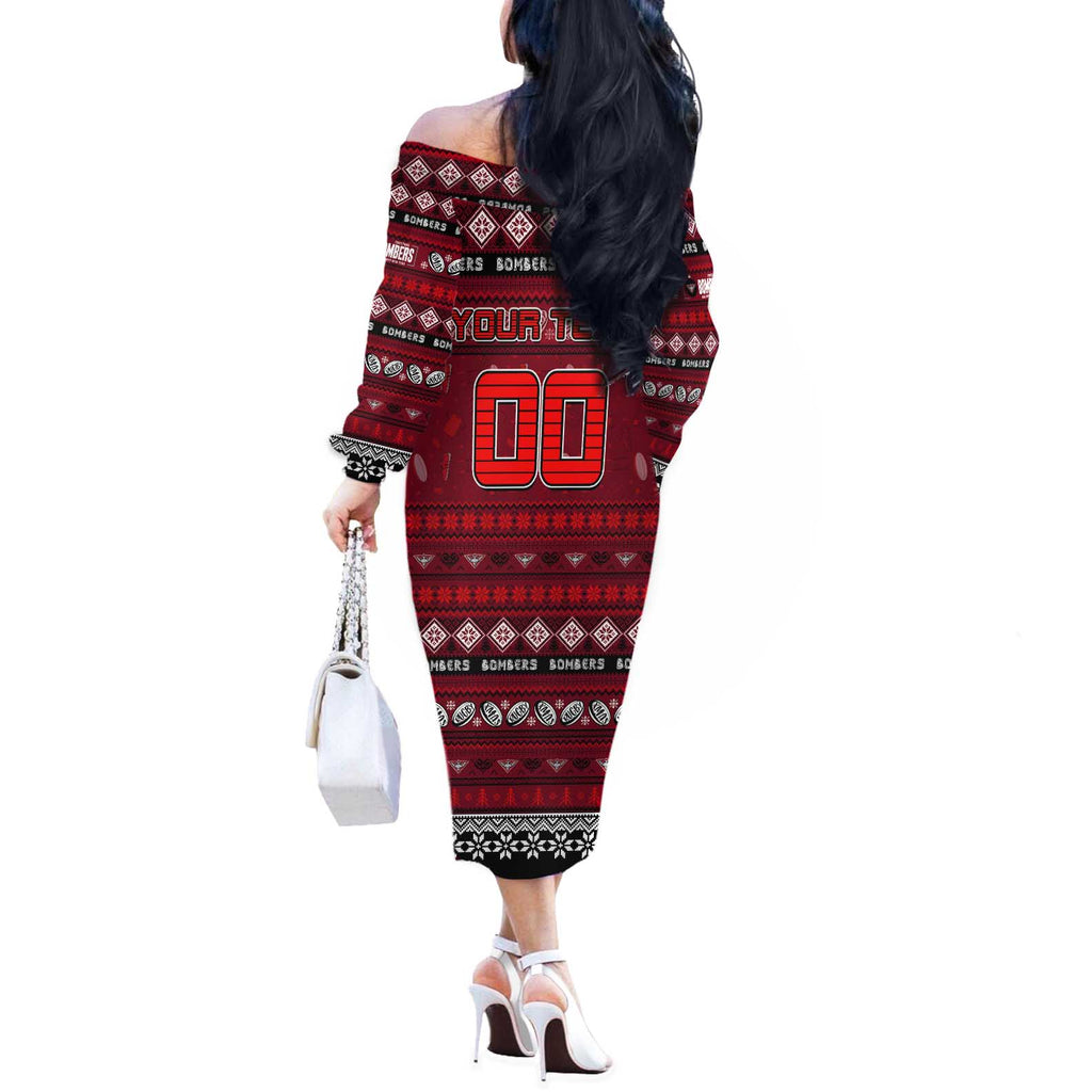 Personalized Bombers Rugby Xmas Off The Shoulder Long Sleeve Dress Australia AFL Mascot