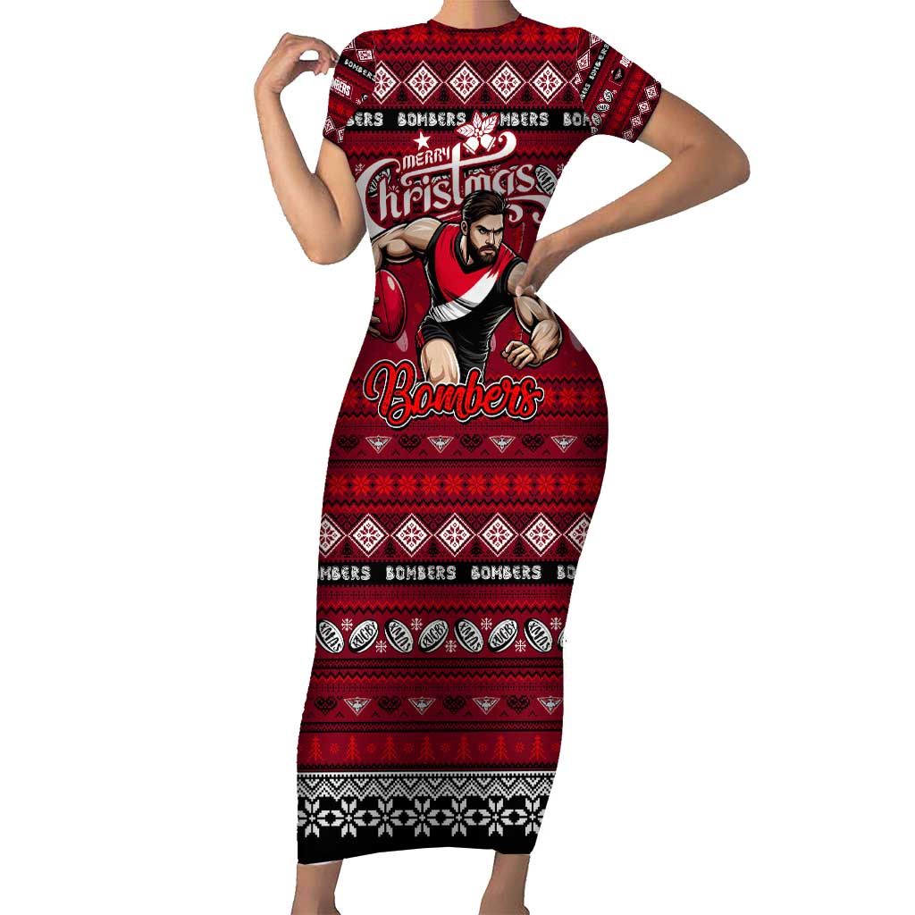 Personalized Bombers Rugby Xmas Short Sleeve Bodycon Dress Australia AFL Mascot