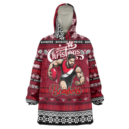 Personalized Bombers Rugby Xmas Wearable Blanket Hoodie Australia AFL Mascot