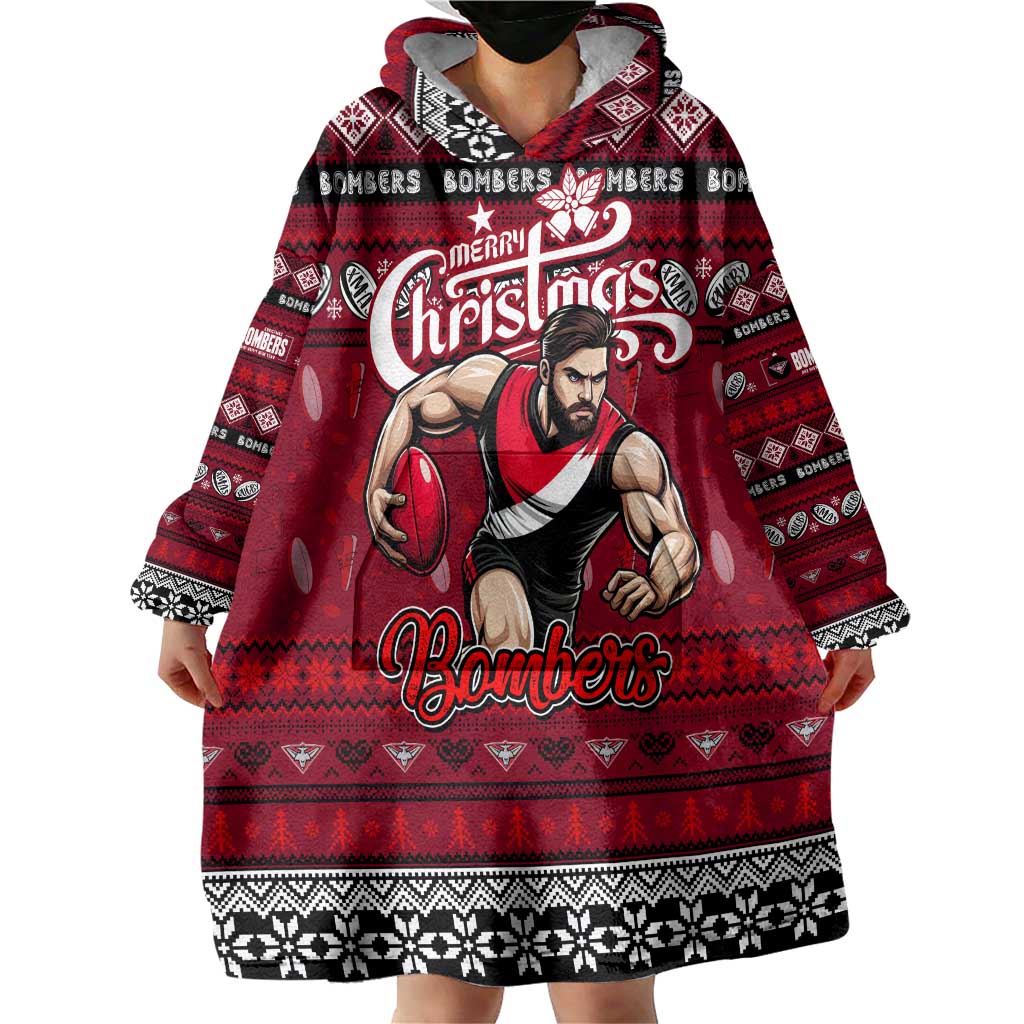 Personalized Bombers Rugby Xmas Wearable Blanket Hoodie Australia AFL Mascot