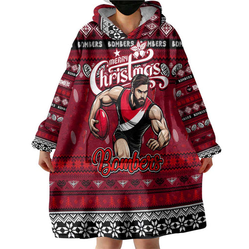 Personalized Bombers Rugby Xmas Wearable Blanket Hoodie Australia AFL Mascot