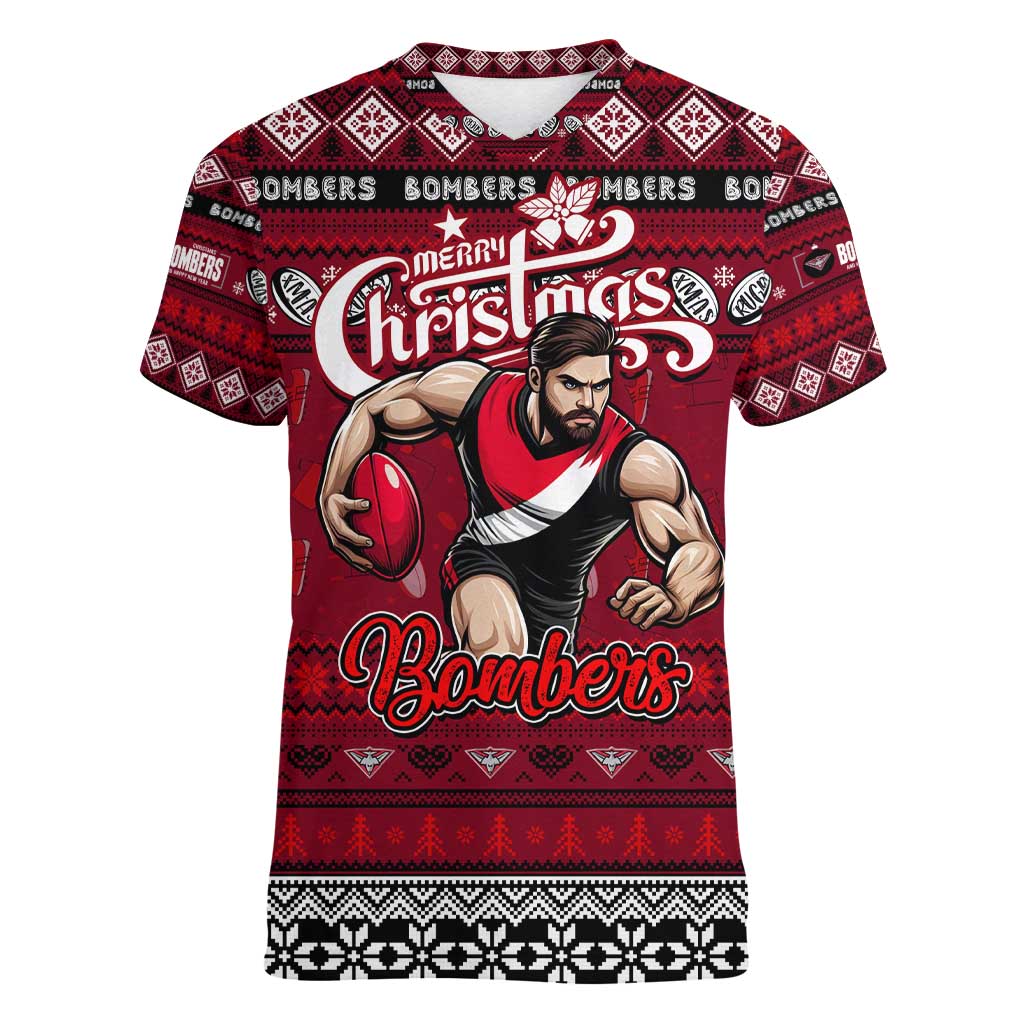Personalized Bombers Rugby Xmas Women V-Neck T-Shirt Australia AFL Mascot