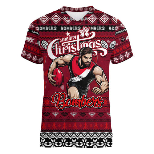 Personalized Bombers Rugby Xmas Women V-Neck T-Shirt Australia AFL Mascot