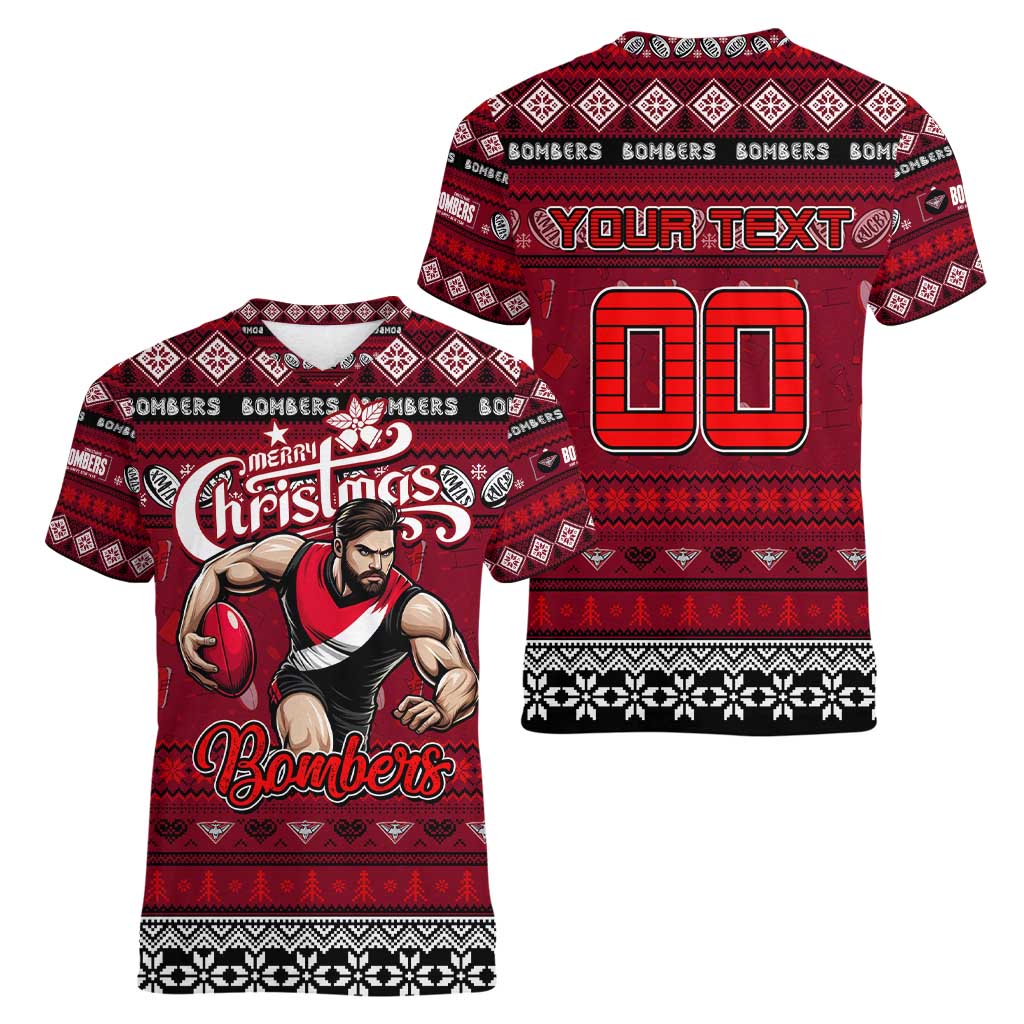 Personalized Bombers Rugby Xmas Women V-Neck T-Shirt Australia AFL Mascot