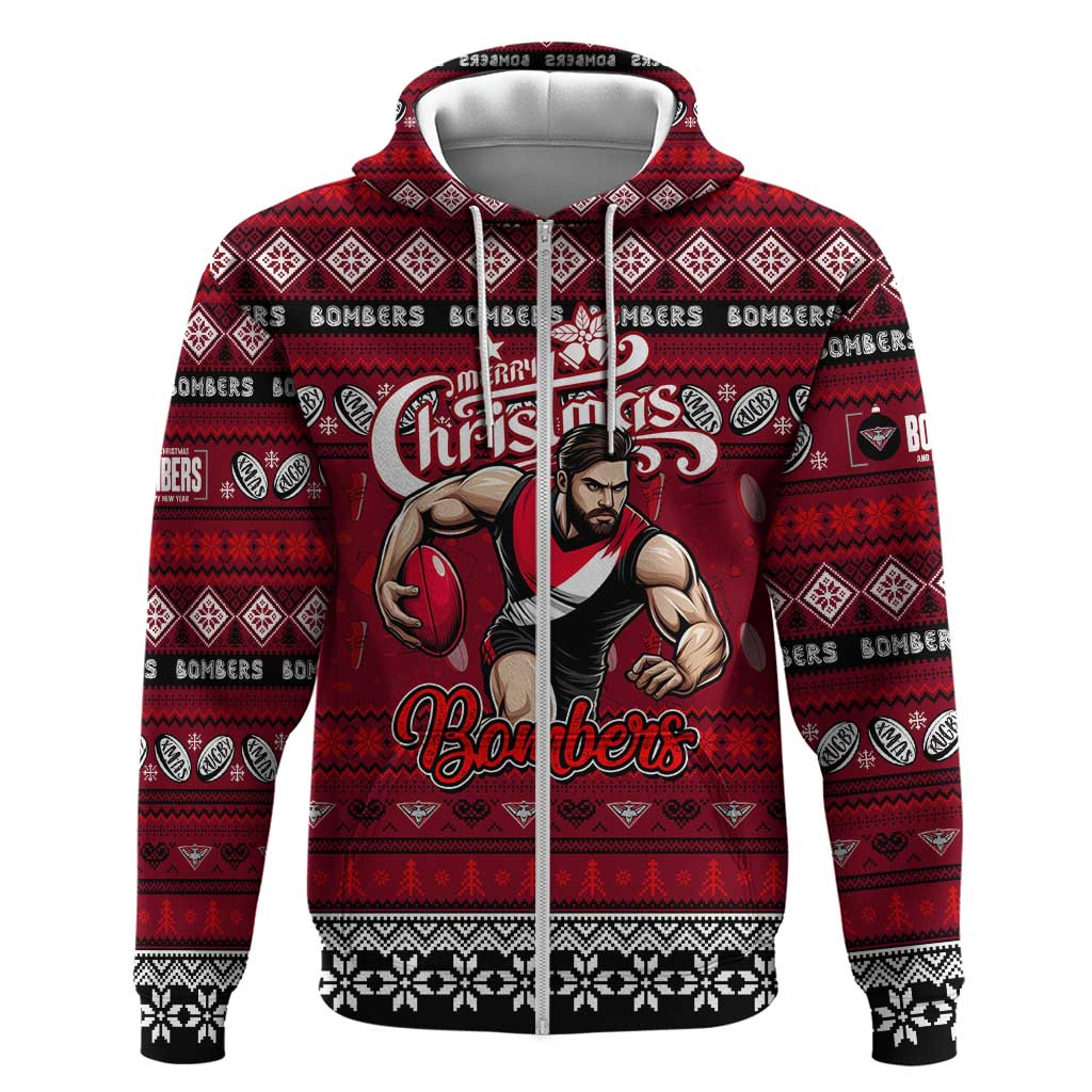 Personalized Bombers Rugby Xmas Zip Hoodie Australia AFL Mascot