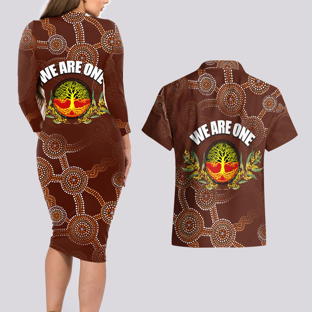 we-are-one-koori-and-australia-couples-matching-long-sleeve-bodycon-dress-and-hawaiian-shirt-aboriginal-pattern