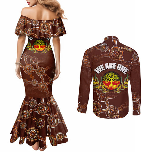 we-are-one-koori-and-australia-couples-matching-mermaid-dress-and-long-sleeve-button-shirts-aboriginal-pattern