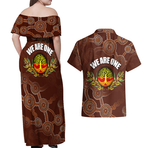 we-are-one-koori-and-australia-couples-matching-off-shoulder-maxi-dress-and-hawaiian-shirt-aboriginal-pattern