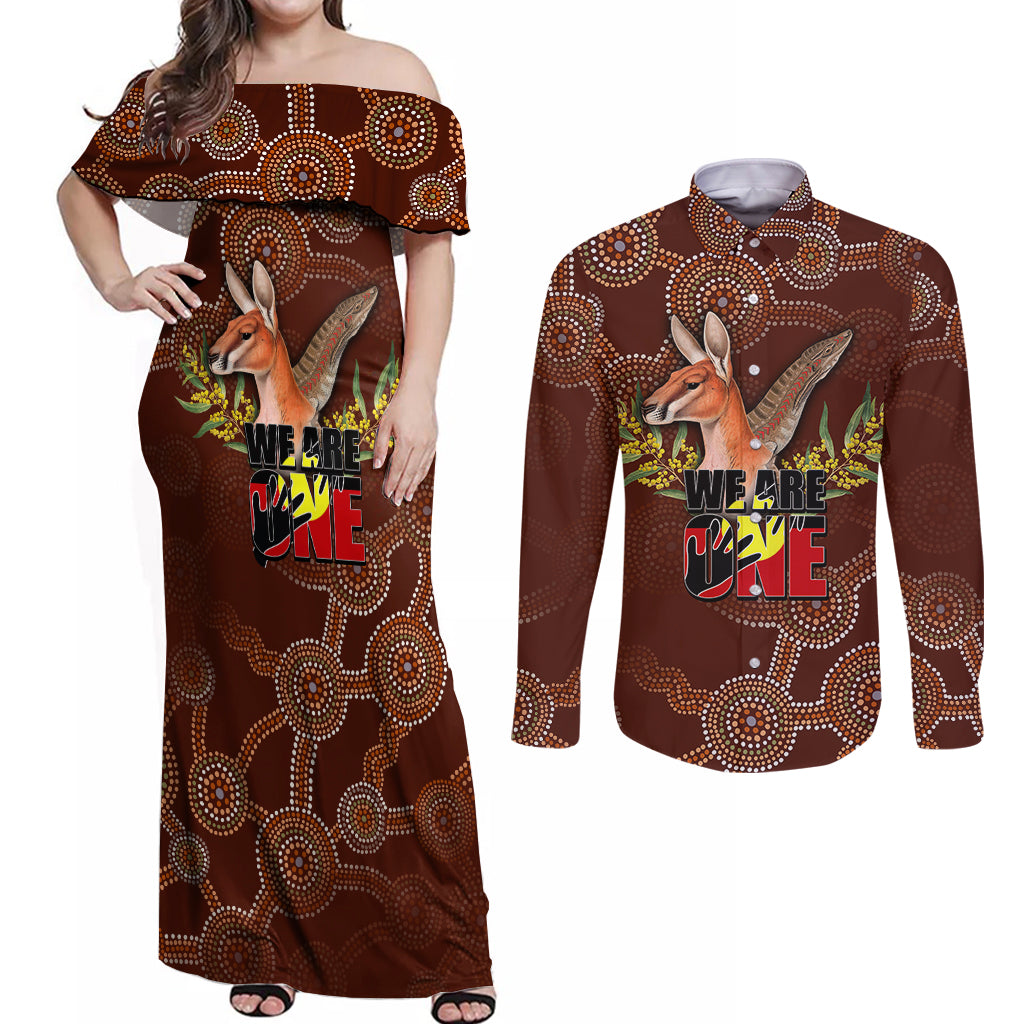 we-are-one-koori-and-australia-couples-matching-off-shoulder-maxi-dress-and-long-sleeve-button-shirts-aboriginal-pattern