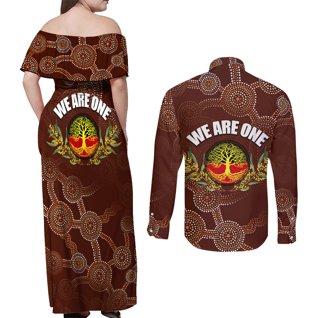 we-are-one-koori-and-australia-couples-matching-off-shoulder-maxi-dress-and-long-sleeve-button-shirts-aboriginal-pattern