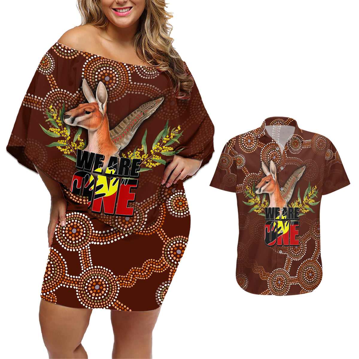 we-are-one-koori-and-australia-couples-matching-off-shoulder-short-dress-and-hawaiian-shirt-aboriginal-pattern