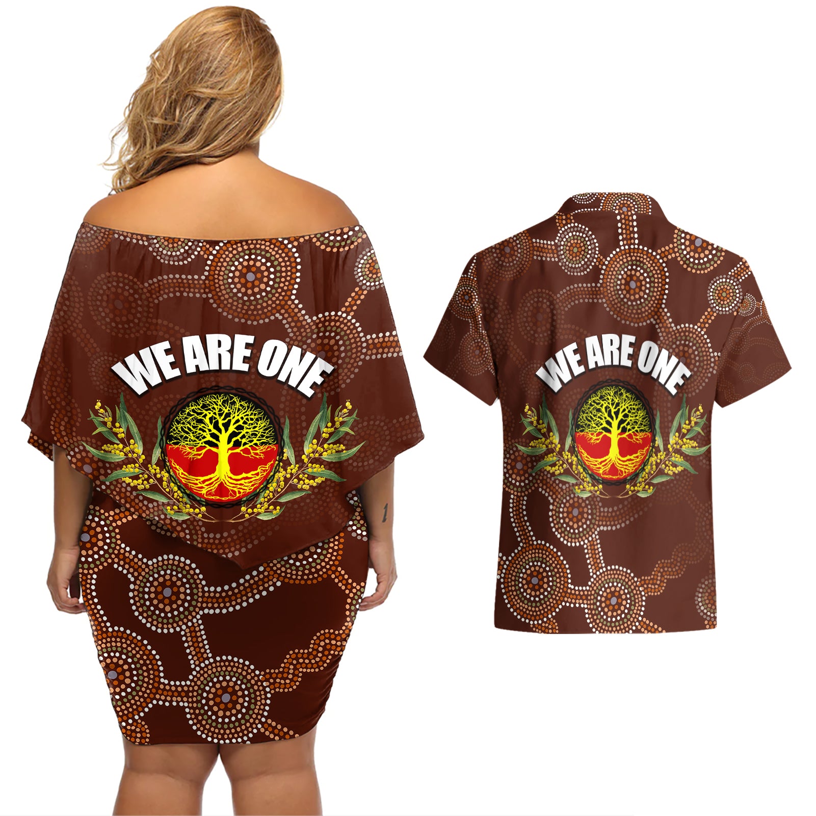 we-are-one-koori-and-australia-couples-matching-off-shoulder-short-dress-and-hawaiian-shirt-aboriginal-pattern