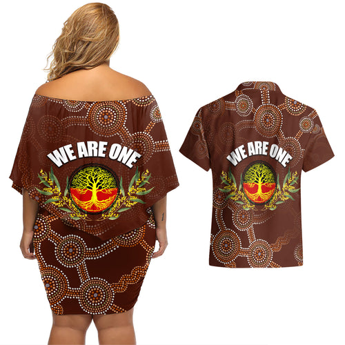 we-are-one-koori-and-australia-couples-matching-off-shoulder-short-dress-and-hawaiian-shirt-aboriginal-pattern