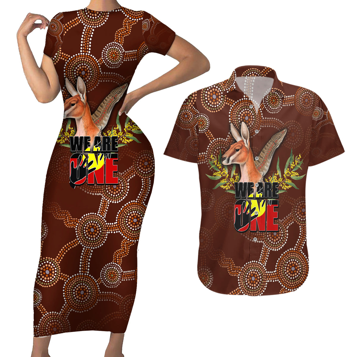 we-are-one-koori-and-australia-couples-matching-short-sleeve-bodycon-dress-and-hawaiian-shirt-aboriginal-pattern
