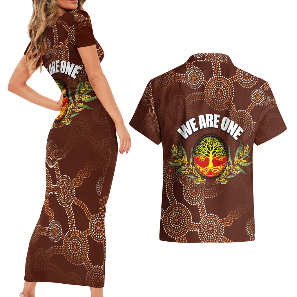 we-are-one-koori-and-australia-couples-matching-short-sleeve-bodycon-dress-and-hawaiian-shirt-aboriginal-pattern