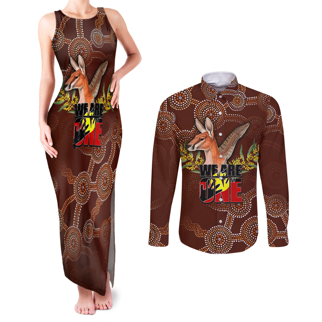 we-are-one-koori-and-australia-couples-matching-tank-maxi-dress-and-long-sleeve-button-shirts-aboriginal-pattern
