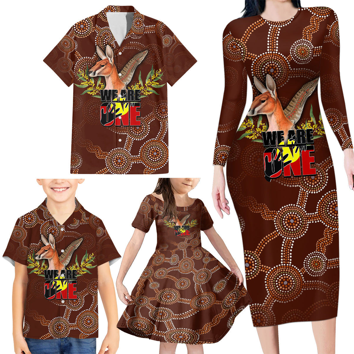 we-are-one-koori-and-australia-family-matching-long-sleeve-bodycon-dress-and-hawaiian-shirt-aboriginal-pattern