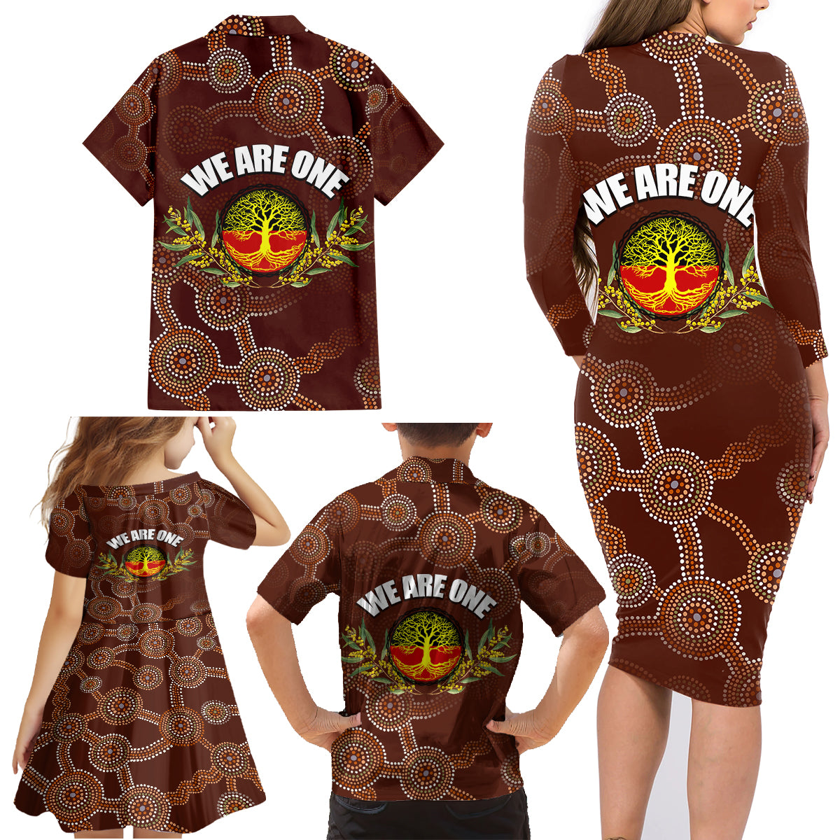 we-are-one-koori-and-australia-family-matching-long-sleeve-bodycon-dress-and-hawaiian-shirt-aboriginal-pattern