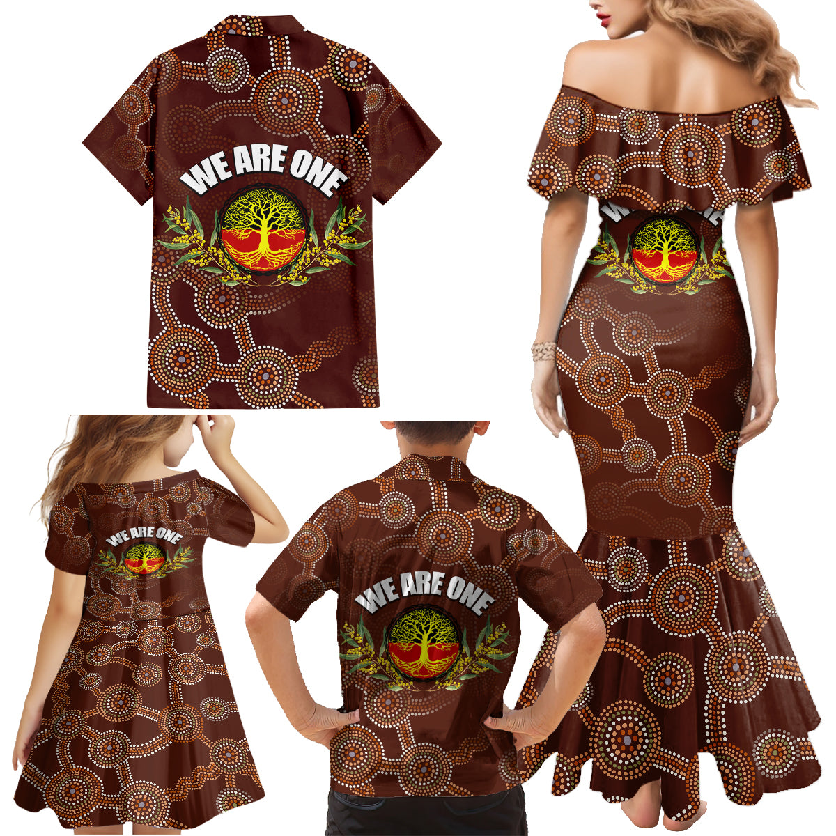 we-are-one-koori-and-australia-family-matching-mermaid-dress-and-hawaiian-shirt-aboriginal-pattern