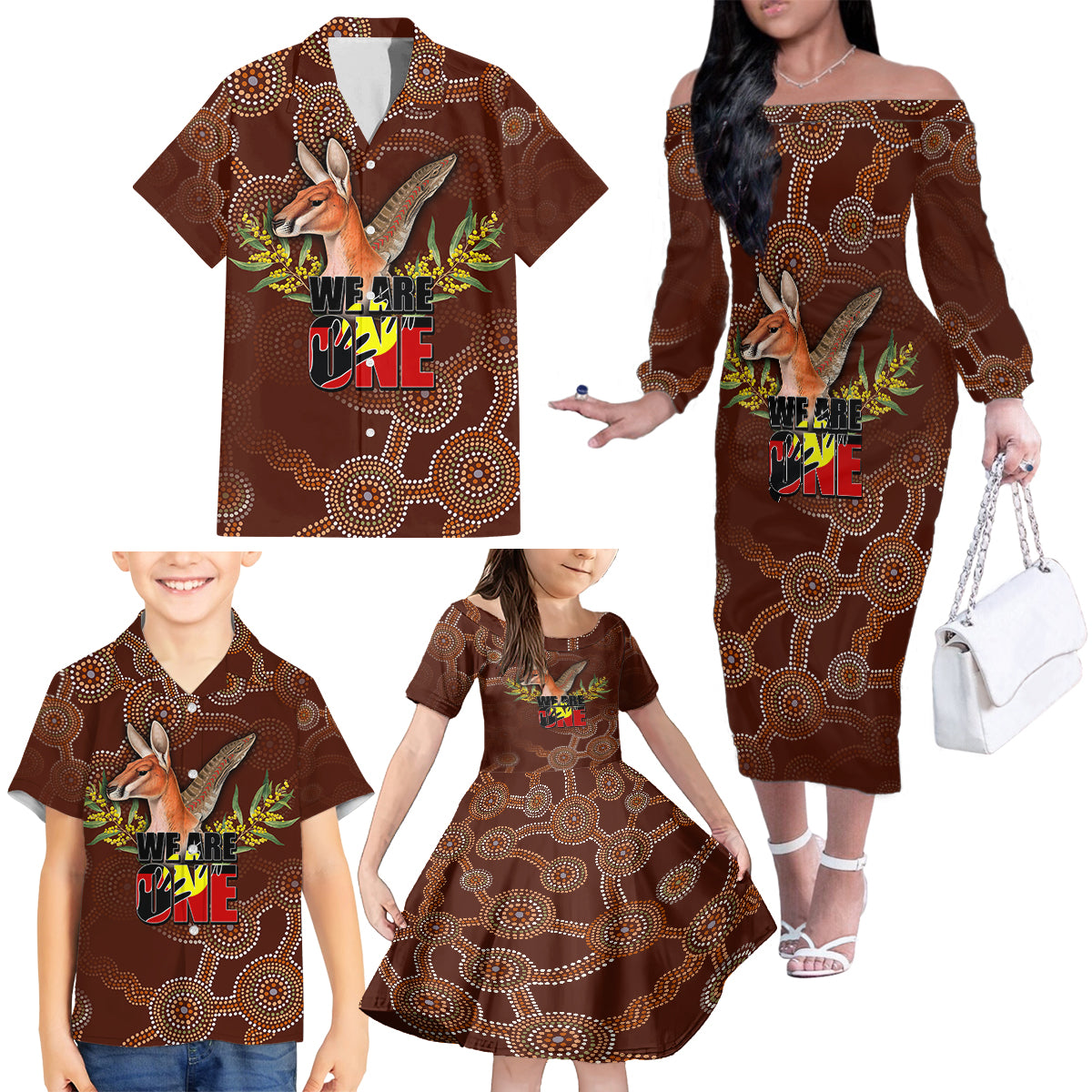 we-are-one-koori-and-australia-family-matching-off-shoulder-long-sleeve-dress-and-hawaiian-shirt-aboriginal-pattern