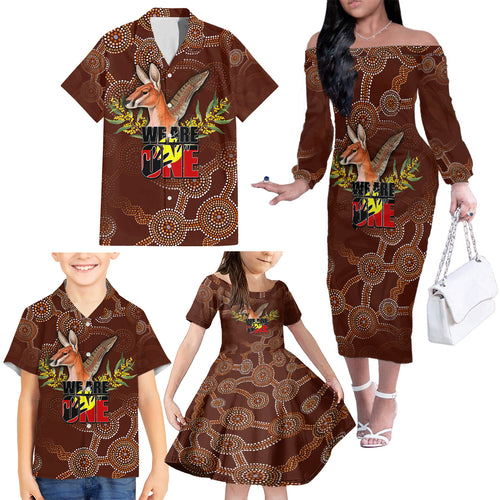 we-are-one-koori-and-australia-family-matching-off-shoulder-long-sleeve-dress-and-hawaiian-shirt-aboriginal-pattern